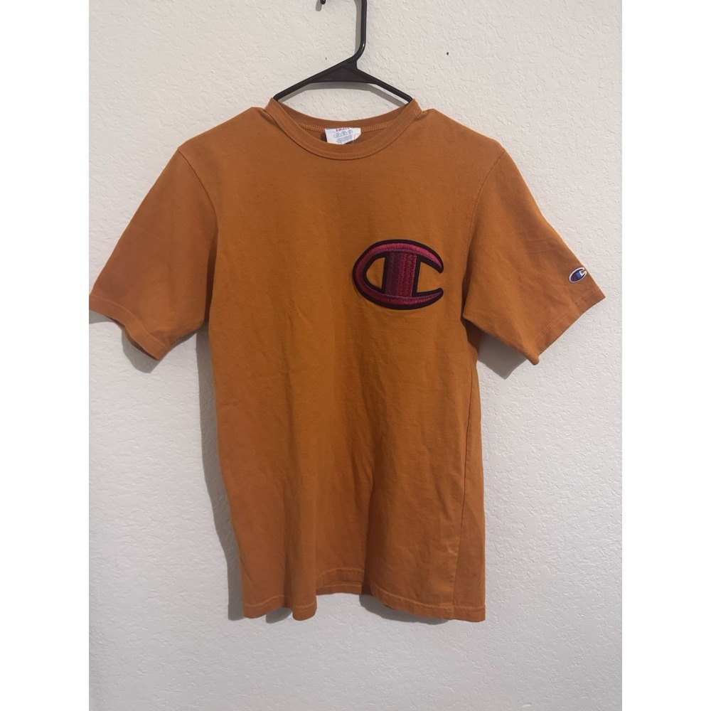 Champion Vintage Men Orange Embroidered Big C T-Shirt Short Sleeve Medium